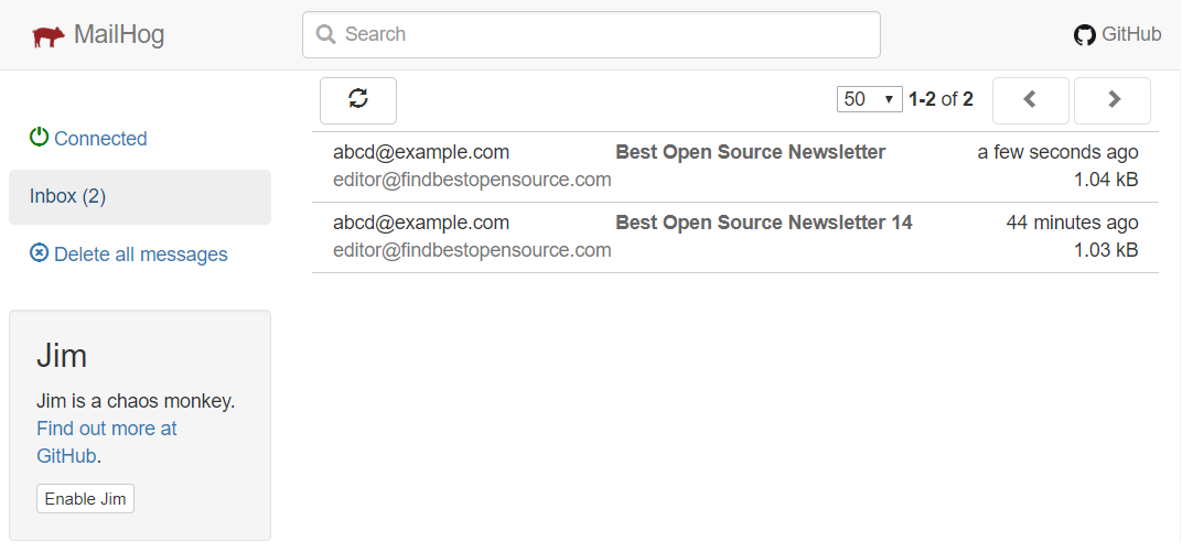 MailHog message listing